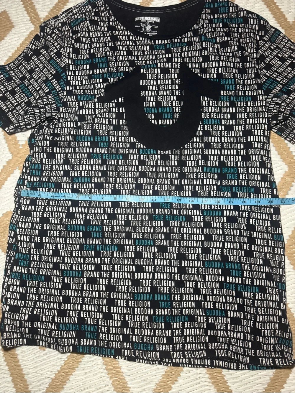 True Religion Black Short Sleeve Tee with White Logo and Teal Stripes